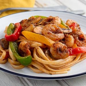 Pasta, shrimp and vegetables cooked with Cajun seasoning