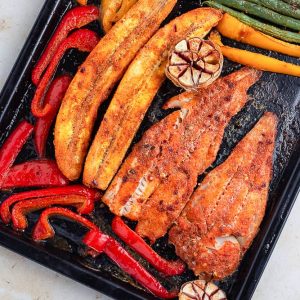 Plantain and fish in a sheet pan