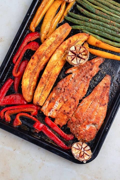 Plantain and fish in a sheet pan
