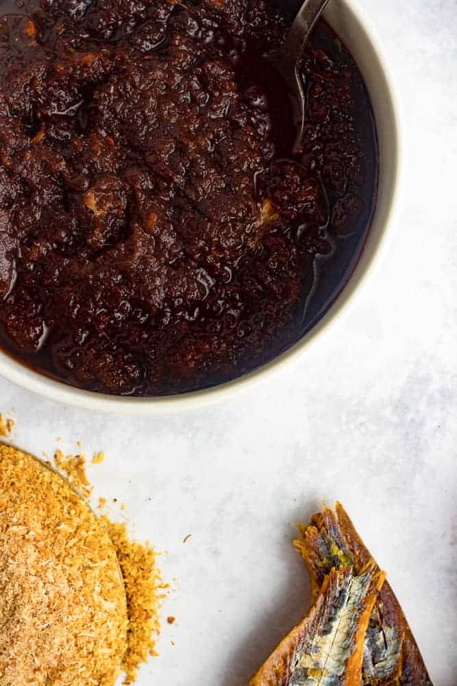 Ghana shito in a bowl. Pictures of dried fish and shrimp powder