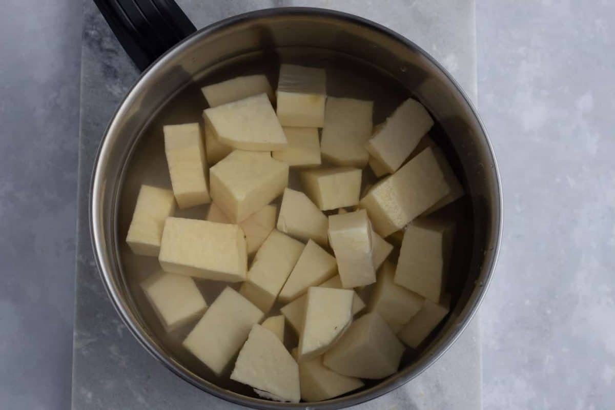 Yam cubes in a pot.