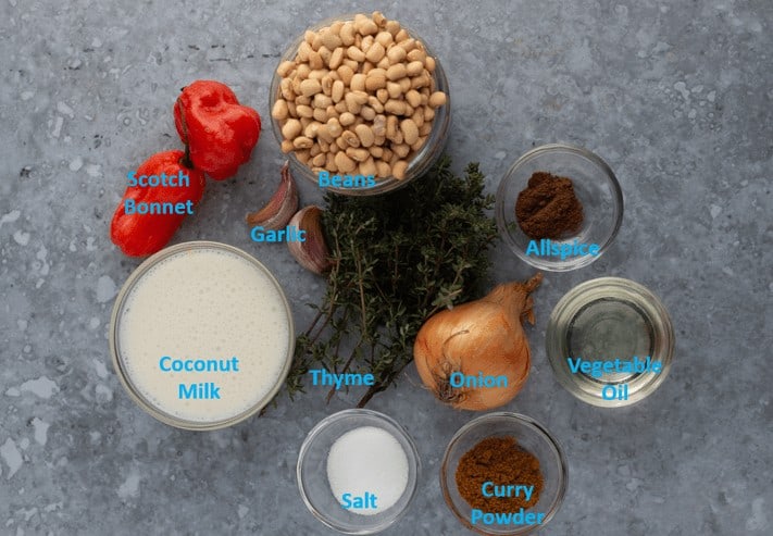 Ingredients for Caribbean curried beans