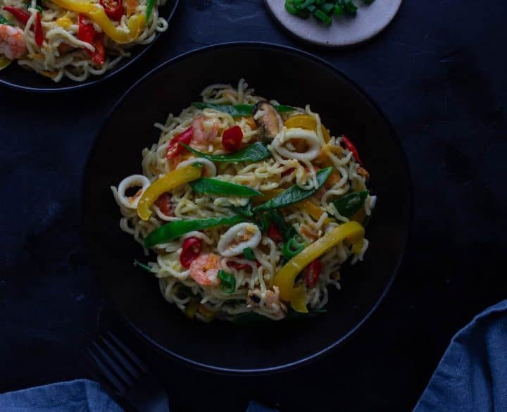 Nigerian Indomie noodles with vegetables in a bowl