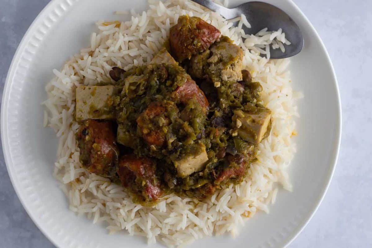 Vegetarian Ayamase stew served with white rice