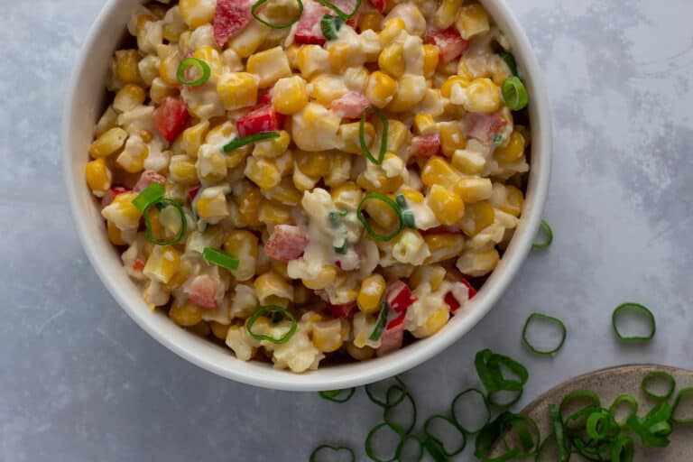 Creamy Corn Salad (With Frozen Corn) · eat well abi