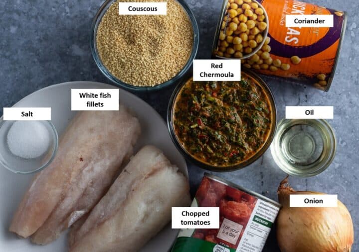Red chermoula fish with couscous ingredients