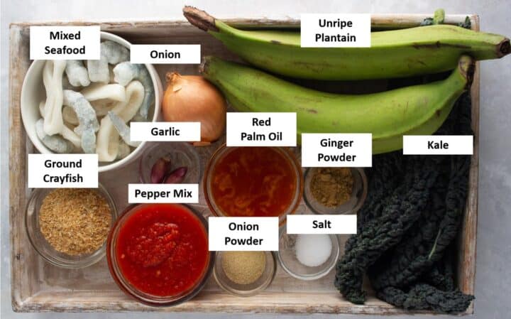 Ingredients for green plantain porridge om a tray