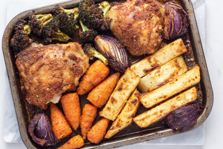 Chicken suya tray bake with yam, carrots and broccoli