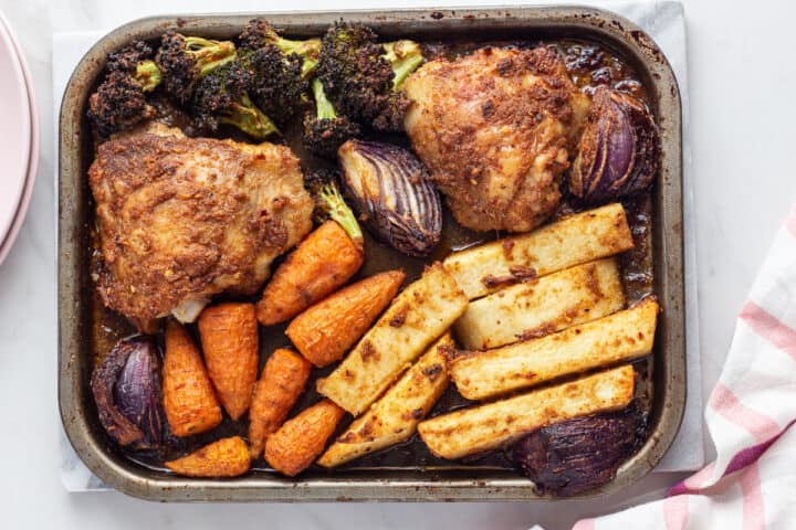Chicken suya tray bake with yam, carrots and broccoli