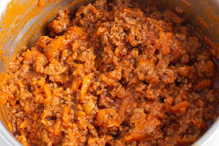 Rich meat sauce for macaroni bechamel - in a pot