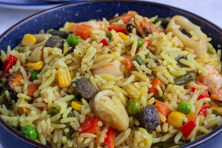 Nigerian fried rice with mixed seafood