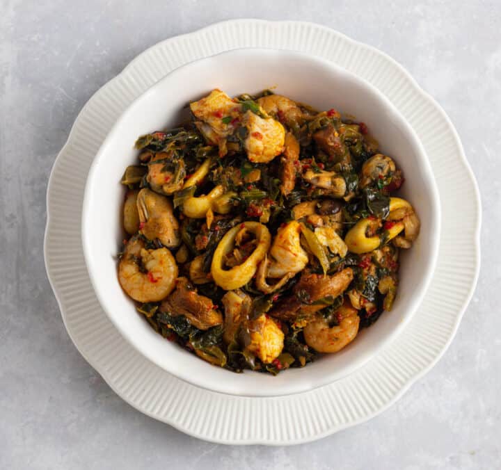 Seafood Efo Riro - Nigerian stewed vegetables with seafood